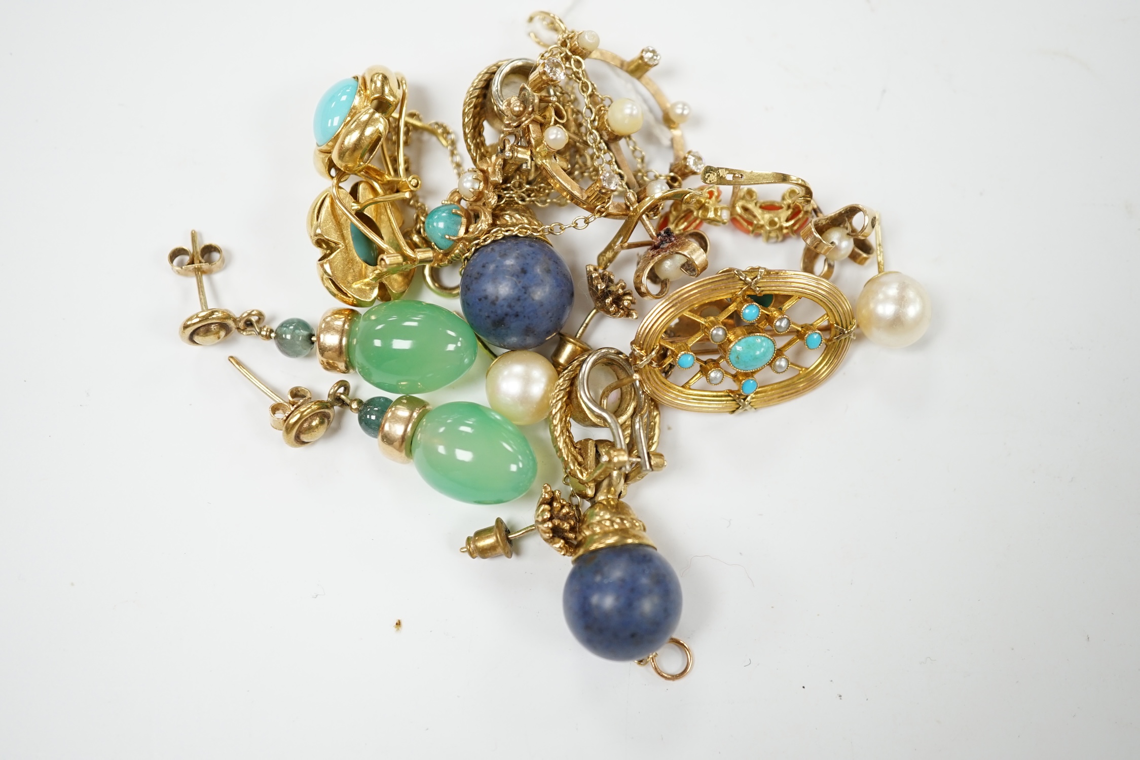 A group of assorted modern 9ct and gem set jewellery including cultured pearl and coral earrings, yellow metal and enamel earrings, etc., a 9ct turquoise and seed pearl set brooch and diamond and cultured pearl set open